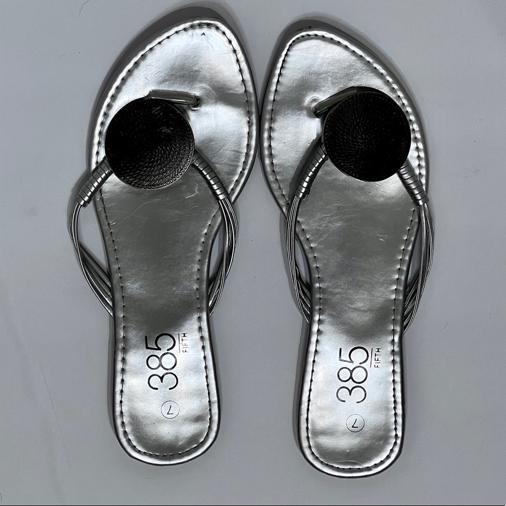 385 Fifth Silver Braided Metal Medallion Flat Thong Sandals